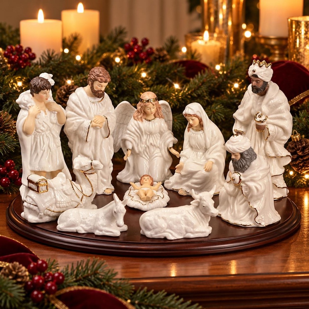 Porcelain Nativity Set 10 Figures Wood Base Home for the Holidays Sealed VTG